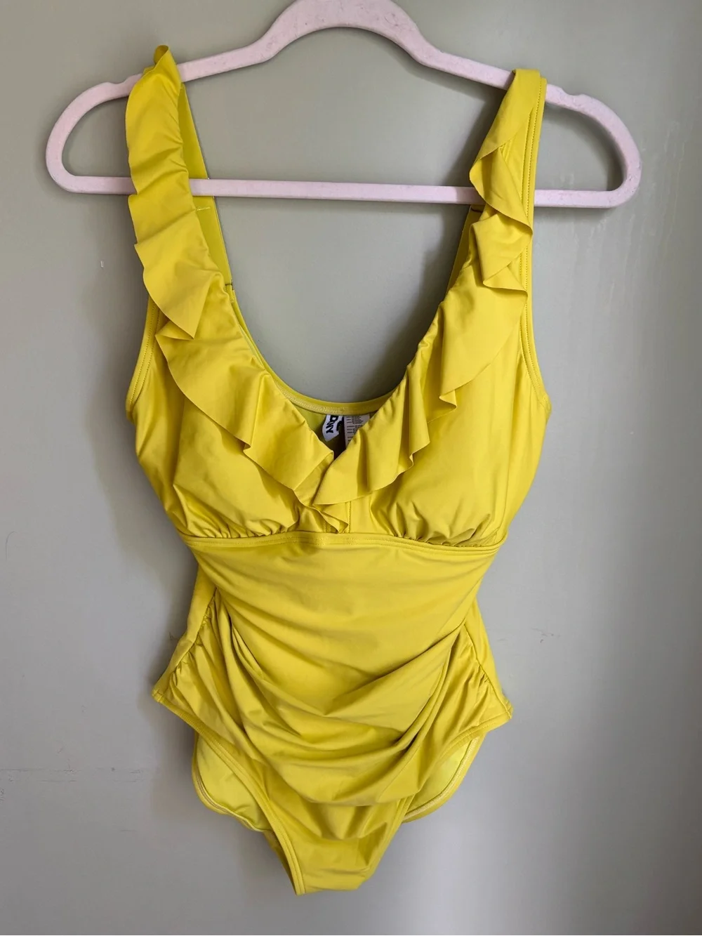 DKNY Ruffle Plunge Underwire Tummy Control Swimsuit. Bright Yellow size Large